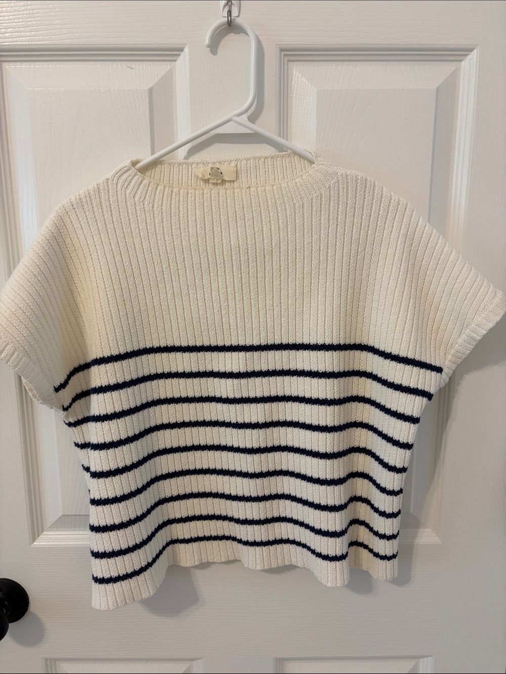 Entro Striped Knit Short Sleeve Sweater - Cream with Navy Stripes